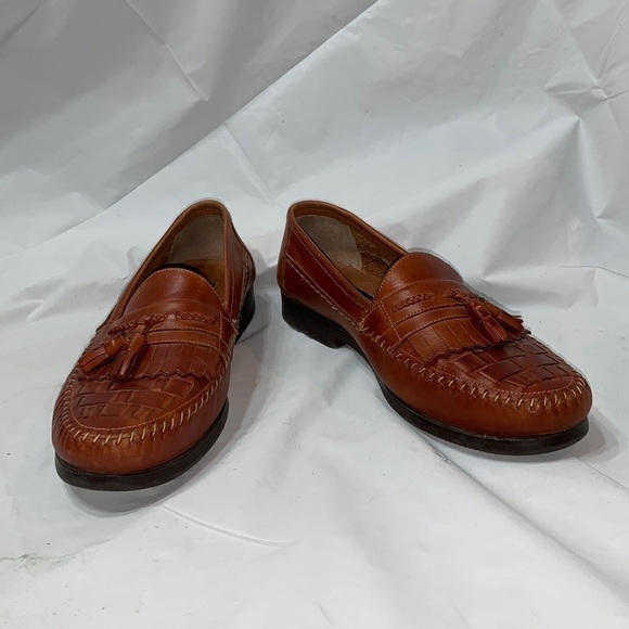 GIORGIO Brutini Chestnut Leather Loafers With Tassels and woven Toe Size 10.5M - Picture 1 of 9